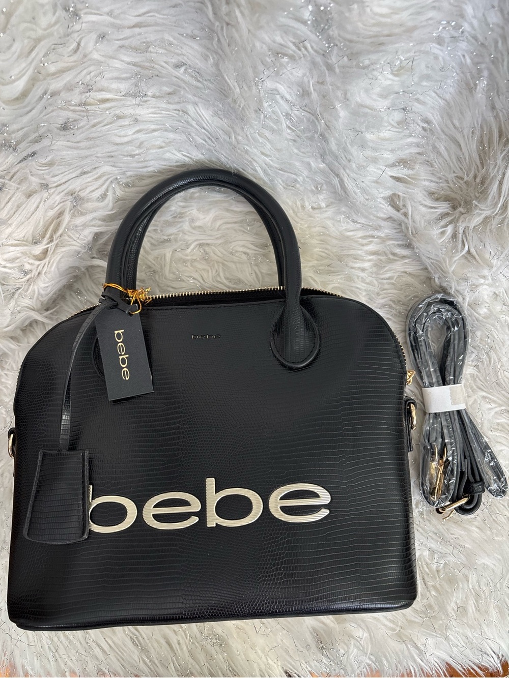 bebe Fabiola Stamped Lizard Dome Satchel Black Cream Logo One Size